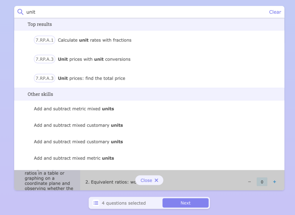 On the Quiz Library Resource creation screen, a search bar and results showing top skills associated with the keyword "unit."